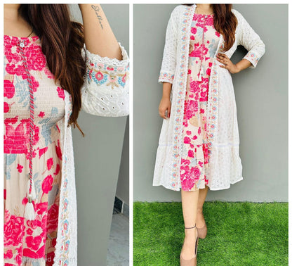 Women's Premium Cotton 2-Piece Shrug Dress Set | Floral Smocked Dress with White Schiffli Embroidered Shrug | Casual & Party Wear