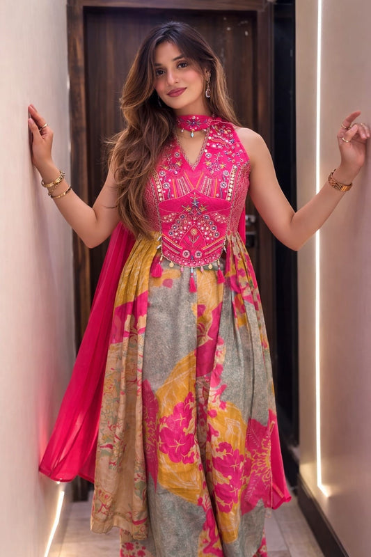 Women's Premium Chinon Western Shrug Palazzo Set with Chiffon Dupatta | 3-Piece Party & Wedding Wear