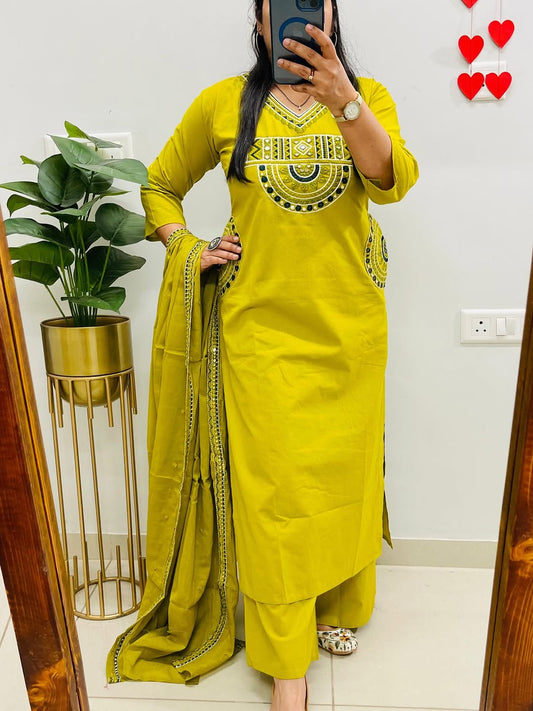 Women's Mustard Yellow Embroidered Cotton Kurta Pant Dupatta Set | 3-Piece Ethnic Suit with Pockets