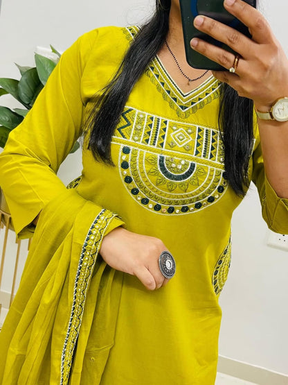 Women's Mustard Yellow Embroidered Cotton Kurta Pant Dupatta Set | 3-Piece Ethnic Suit with Pockets