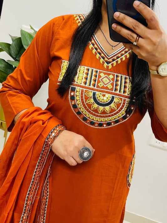 Women's Rust Orange Embroidered Cotton Kurta Pant Dupatta Set | 3-Piece Ethnic Suit with Pockets