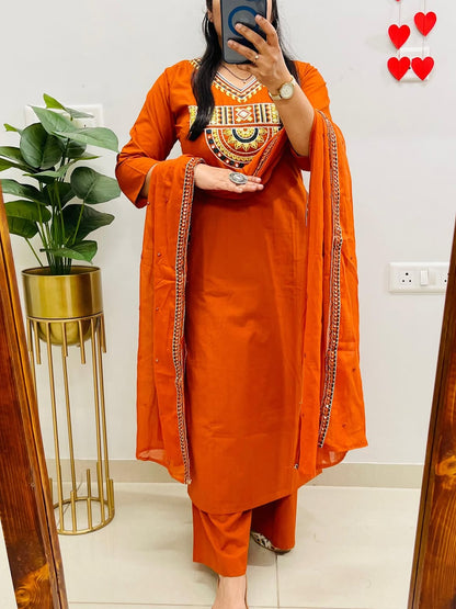 Women's Rust Orange Embroidered Cotton Kurta Pant Dupatta Set | 3-Piece Ethnic Suit with Pockets