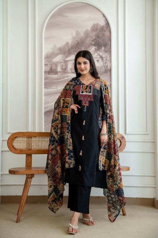Women's Black Jaipuri Cotton Kurta Pant Dupatta Set | Printed Straight Kurta with Katha & Sequence Work | Premium 3-Piece Suit Set