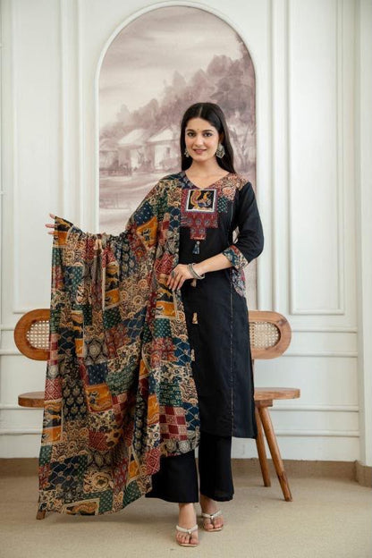 Women's Black Jaipuri Cotton Kurta Pant Dupatta Set | Printed Straight Kurta with Katha & Sequence Work | Premium 3-Piece Suit Set