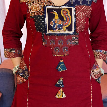 Women's Maroon Jaipuri Cotton Kurta Pant Dupatta Set | Straight Kurta with Printed Yoke, Katha & Sequence Work | Premium 3-Piece Suit Set