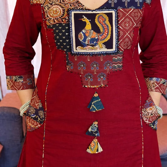 Women's Maroon Jaipuri Cotton Kurta Pant Dupatta Set | Straight Kurta with Printed Yoke, Katha & Sequence Work | Premium 3-Piece Suit Set