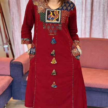 Women's Maroon Jaipuri Cotton Kurta Pant Dupatta Set | Straight Kurta with Printed Yoke, Katha & Sequence Work | Premium 3-Piece Suit Set
