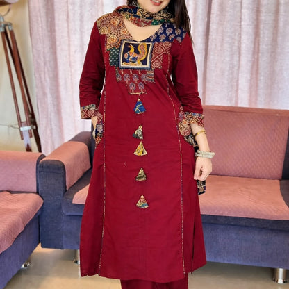 Women's Maroon Jaipuri Cotton Kurta Pant Dupatta Set | Straight Kurta with Printed Yoke, Katha & Sequence Work | Premium 3-Piece Suit Set