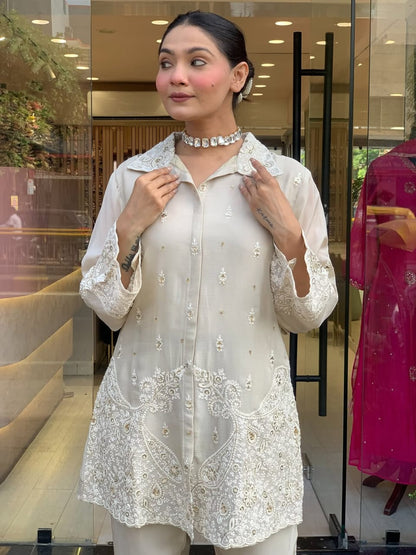 Premium Off White Chanderi Silk Embroidered Co-Ord Set for Women | Party Wear Kurti & Pant Set