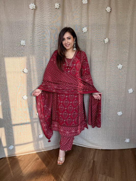 Women's Maroon Cotton Printed Kurta Pant Dupatta Set | 3 Piece Straight A-Line Ethnic Suit