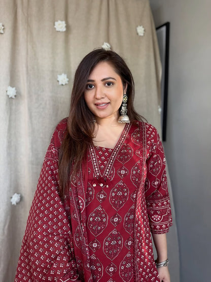 Women's Maroon Cotton Printed Kurta Pant Dupatta Set | 3 Piece Straight A-Line Ethnic Suit
