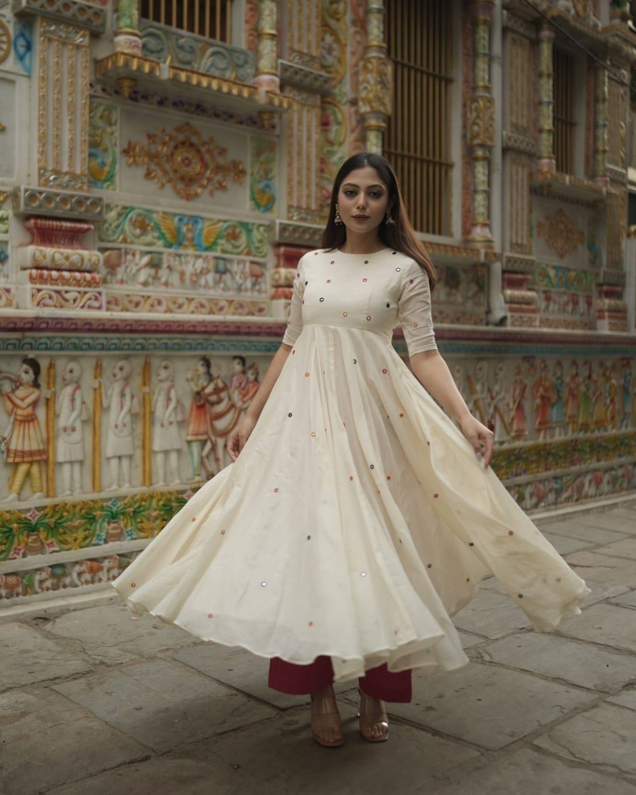 Festival Special Pure Cotton 60x60 Anarkali Kurta Palazzo Set for Women | Mirror Embroidery | Off White