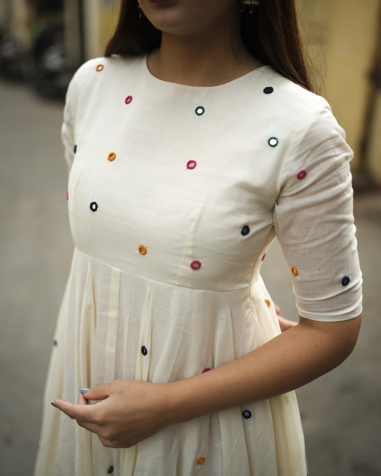 Festival Special Pure Cotton 60x60 Anarkali Kurta Palazzo Set for Women | Mirror Embroidery | Off White