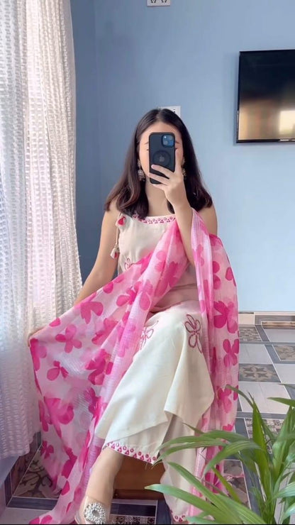 Summer Special Cotton Flex Kurta Pant Dupatta Set for Women | Sleeveless Embroidered Kurti | Pink Kota Doria Dupatta