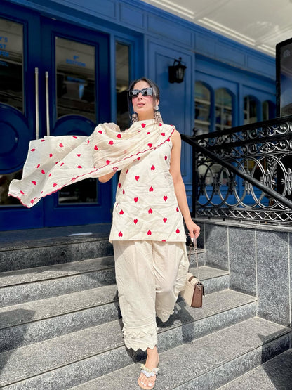 Summer Special Pure Cotton 60x60 Kurta Pant Dupatta Set for Women | Heart Embroidery | Sleeveless 3-Piece Suit Set