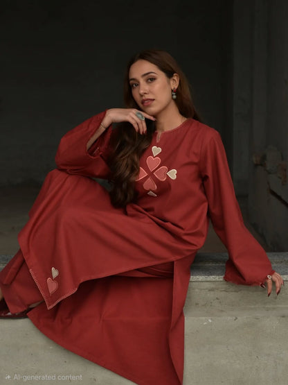 Premium Cotton 60x60 Embroidered Kurta Pant Set for Women | Rust Brown | Casual & Office Wear