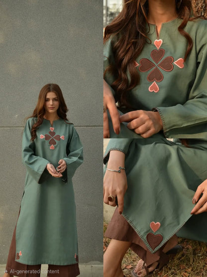 Premium Cotton 60x60 Embroidered Kurta Pant Set for Women | Sage Green | Casual & Office Wear