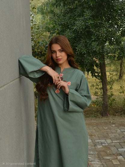 Premium Cotton 60x60 Embroidered Kurta Pant Set for Women | Sage Green | Casual & Office Wear