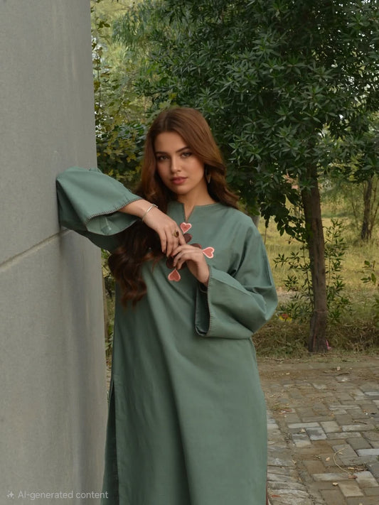Premium Cotton 60x60 Embroidered Kurta Pant Set for Women | Sage Green | Casual & Office Wear
