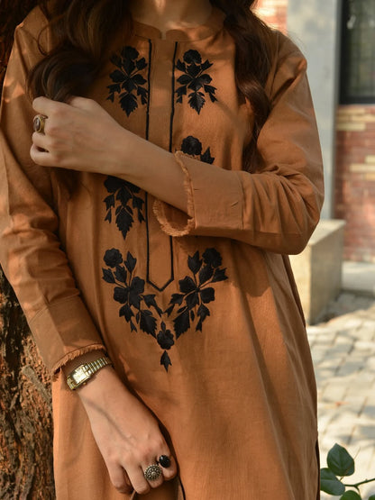 Premium Cotton 60x60 Embroidered Kurta Pant Set for Women | Brown | Office & Casual Wear