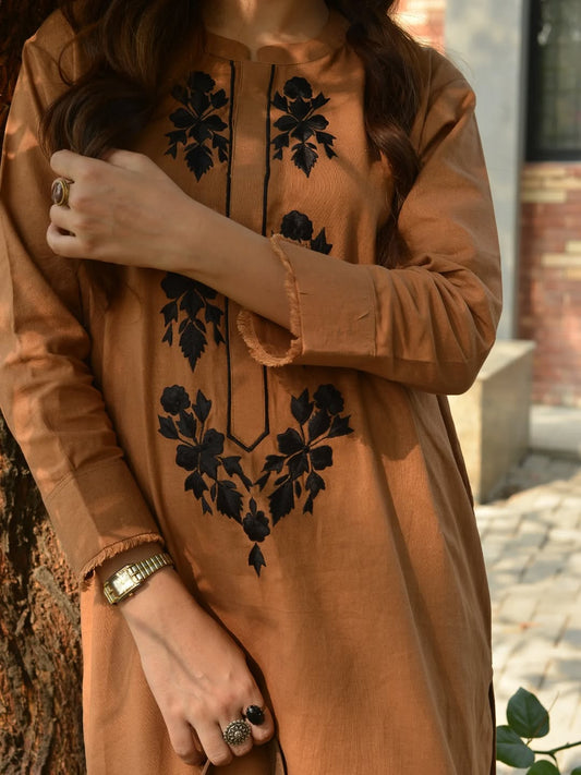 Premium Cotton 60x60 Embroidered Kurta Pant Set for Women | Brown | Office & Casual Wear