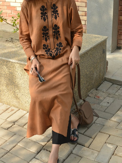 Premium Cotton 60x60 Embroidered Kurta Pant Set for Women | Brown | Office & Casual Wear