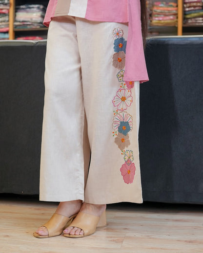 Premium Cotton 60x60 Co-ord Set for Women | Pink Embroidered Top with Cotton Flex Palazzo