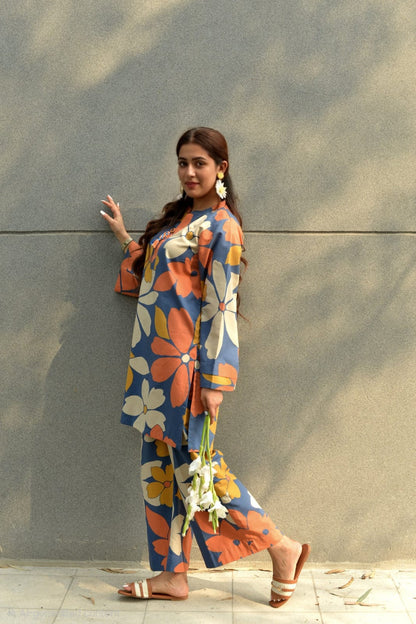 Premium Woven Cotton 60x60 Floral Printed Kurta Palazzo Set for Women | Blue Multi Color