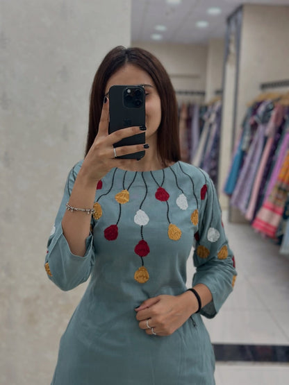 Premium Cotton 60x60 Embroidered Kurta Palazzo Set for Women | Sage Green | A-Line Ethnic Wear