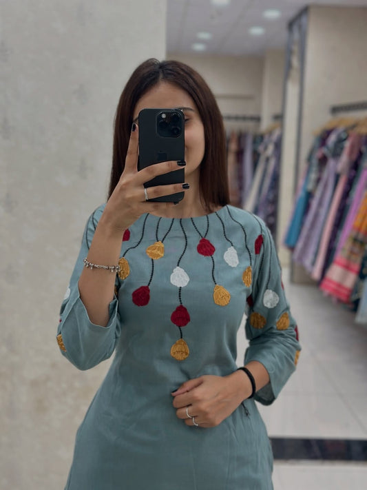 Premium Cotton 60x60 Embroidered Kurta Palazzo Set for Women | Sage Green | A-Line Ethnic Wear