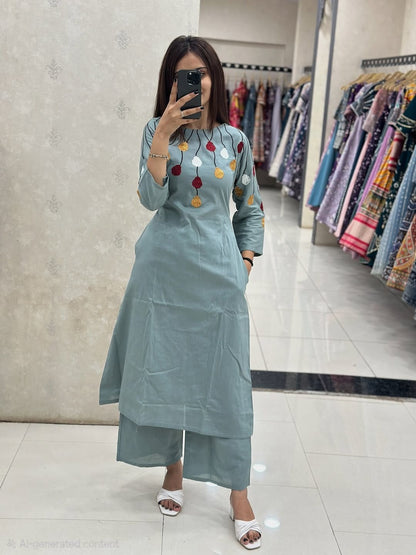 Premium Cotton 60x60 Embroidered Kurta Palazzo Set for Women | Sage Green | A-Line Ethnic Wear