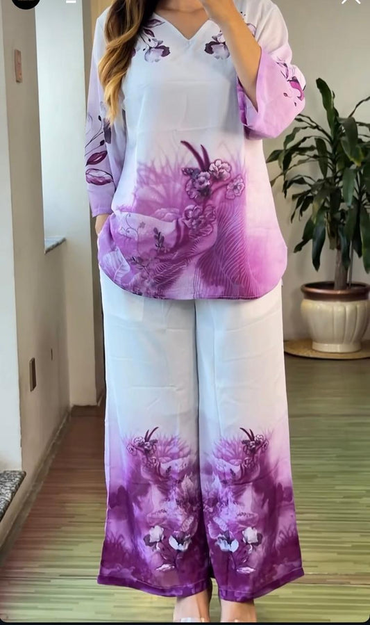Women's Purple Mul Cotton Co-Ord Set | Digital Floral Print Kurta with Palazzo | Premium 2-Piece Set