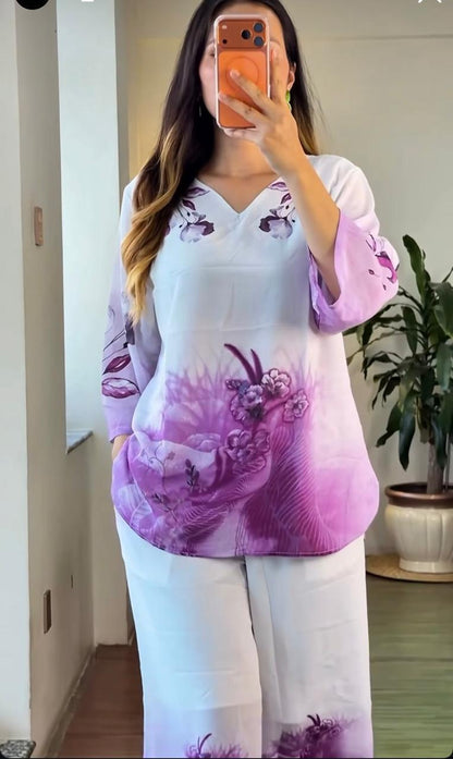Women's Purple Mul Cotton Co-Ord Set | Digital Floral Print Kurta with Palazzo | Premium 2-Piece Set