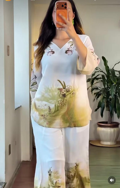 Women's Olive Green Mul Cotton Co-Ord Set | Digital Floral Print Kurta with Palazzo | Premium 2-Piece Set