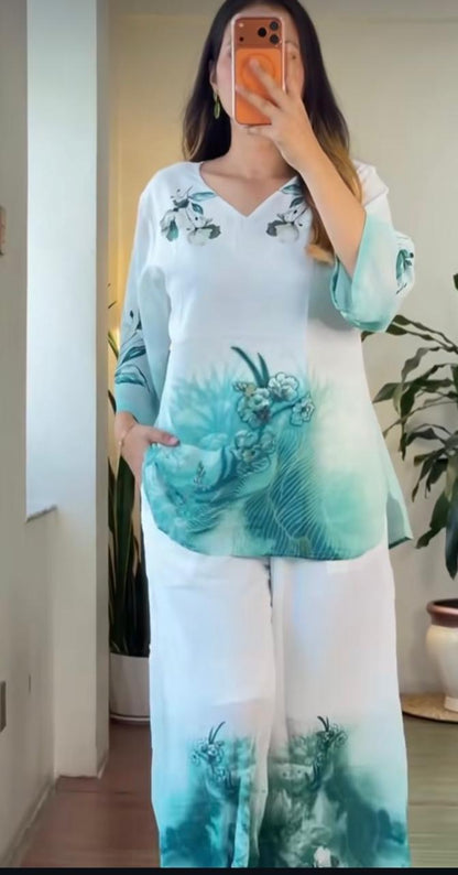 Women's Sea Green Mul Cotton Co-Ord Set | Digital Floral Print Kurta with Palazzo | Premium 2-Piece Set