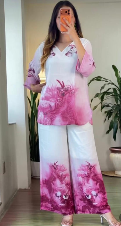 Women's Pink Mul Cotton Co-Ord Set | Digital Floral Print Kurta with Palazzo | Premium 2-Piece Set