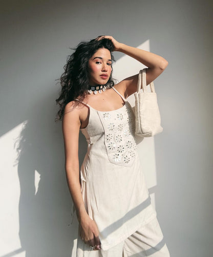 Premium Cotton Flex Mirror Work Co-ord Set for Women | Cream Sleeveless Kurta with Palazzo