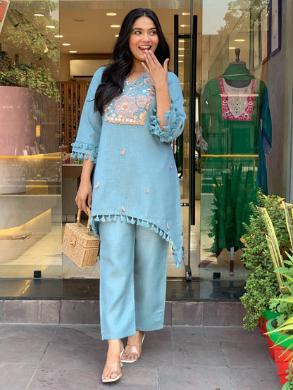 Sky Blue Cotton Flax Embroidered Co-ord Set for Women | Hand Work & Lace Detailing