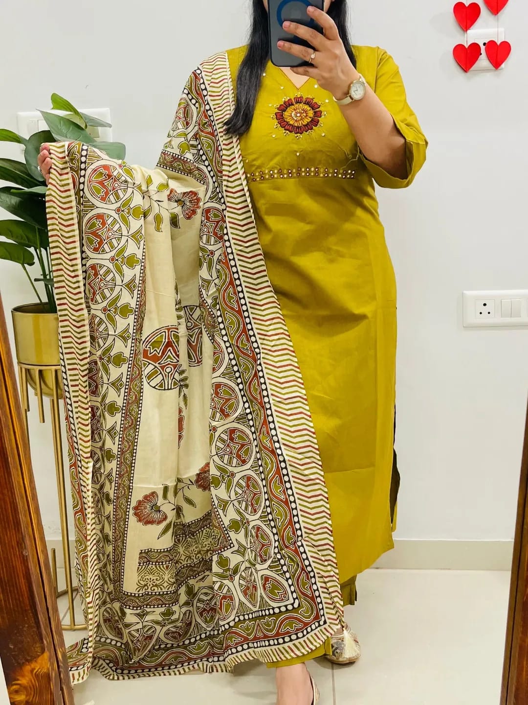 Women's Mustard Dhabu Cotton Embroidered Kurta Pant Set with Printed Dupatta | Mirror Work Ethnic Suit