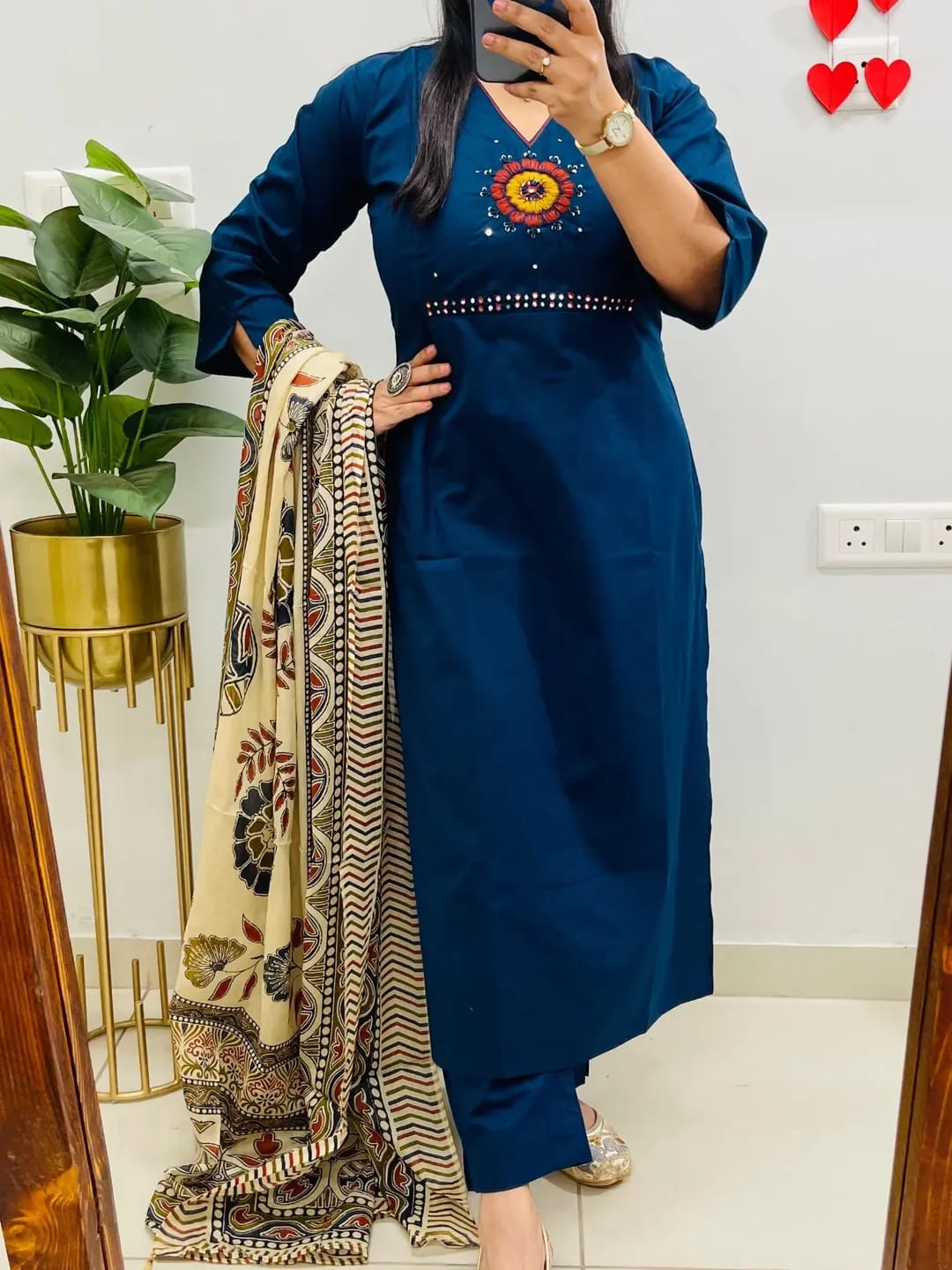 Women's Navy Blue Dhabu Cotton Embroidered Kurta Pant Set with Printed Dupatta | Mirror Work Ethnic Suit