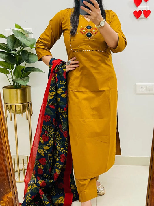 Women's Mustard Dhabu Cotton Embroidered Kurta Pant Set with Floral Printed Dupatta | Mirror Work Ethnic Suit