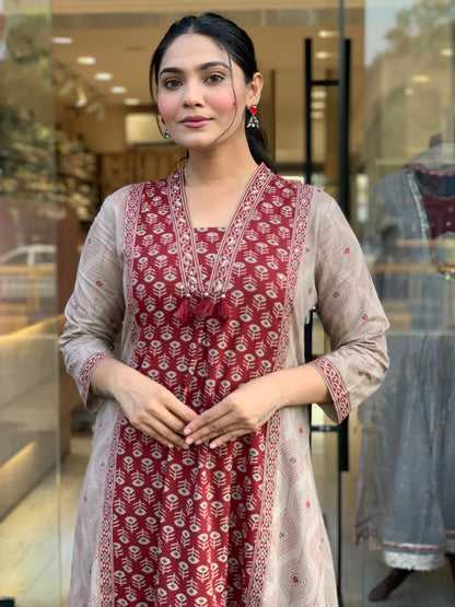 Women's Maroon Cotton Anarkali Kurta Palazzo Dupatta Set | 3-Piece Printed Ethnic Suit
