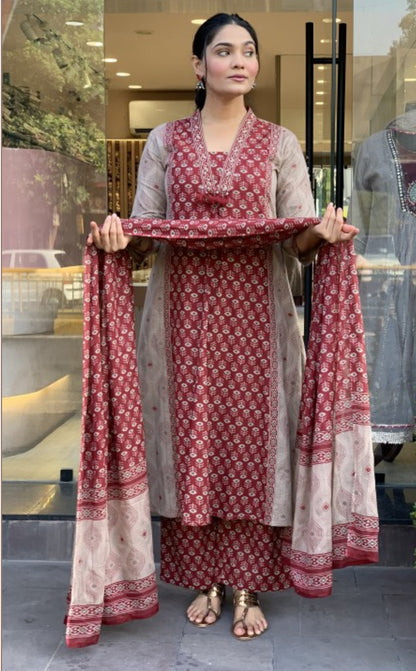 Women's Maroon Cotton Anarkali Kurta Palazzo Dupatta Set | 3-Piece Printed Ethnic Suit