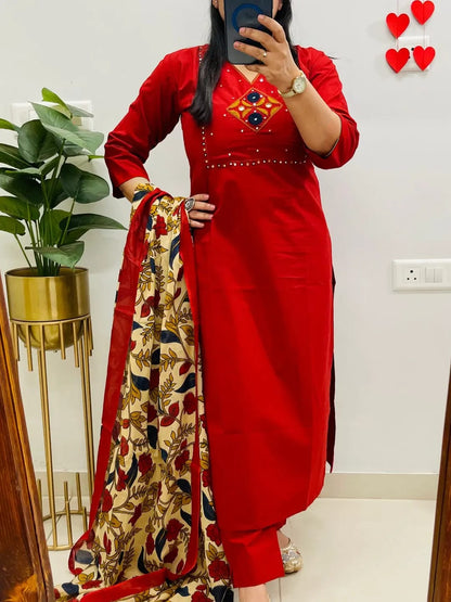 Women's Red Dhabu Cotton Embroidered Kurta Pant Set with Floral Printed Dupatta | Mirror Work Ethnic Suit