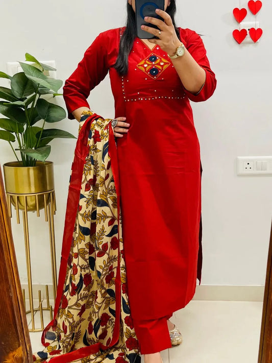 Women's Red Dhabu Cotton Embroidered Kurta Pant Set with Floral Printed Dupatta | Mirror Work Ethnic Suit