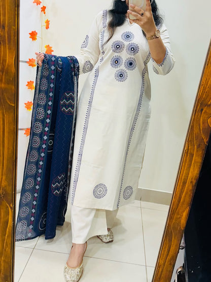 Women's White Dhabu Cotton Block Print Kurta Palazzo Set with Ajrakh Dupatta | Mirror Work Ethnic Suit