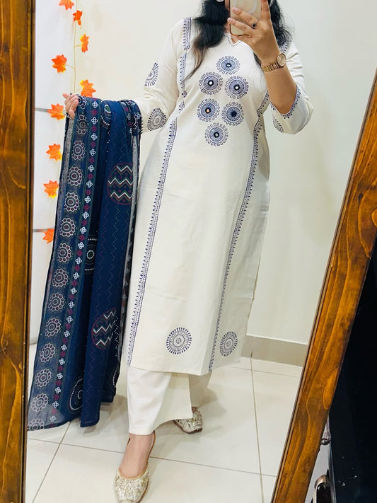 Women's White Dhabu Cotton Block Print Kurta Palazzo Set with Ajrakh Dupatta | Mirror Work Ethnic Suit