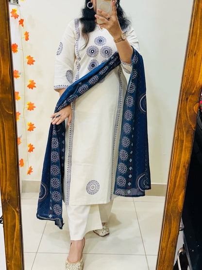 Women's White Dhabu Cotton Block Print Kurta Palazzo Set with Ajrakh Dupatta | Mirror Work Ethnic Suit