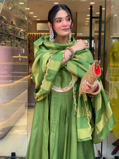 Women's Green Maheshwari Silk Anarkali Suit Set with Banarasi Jacquard Dupatta | 3-Piece Festive Wear
