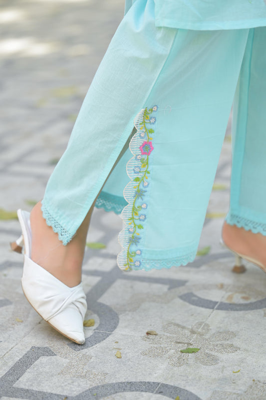Women's Premium Pure Cotton Embroidered Kurta Pant Set | Sky Blue Cotton Co-Ord with Lace Work | Ethnic Wear